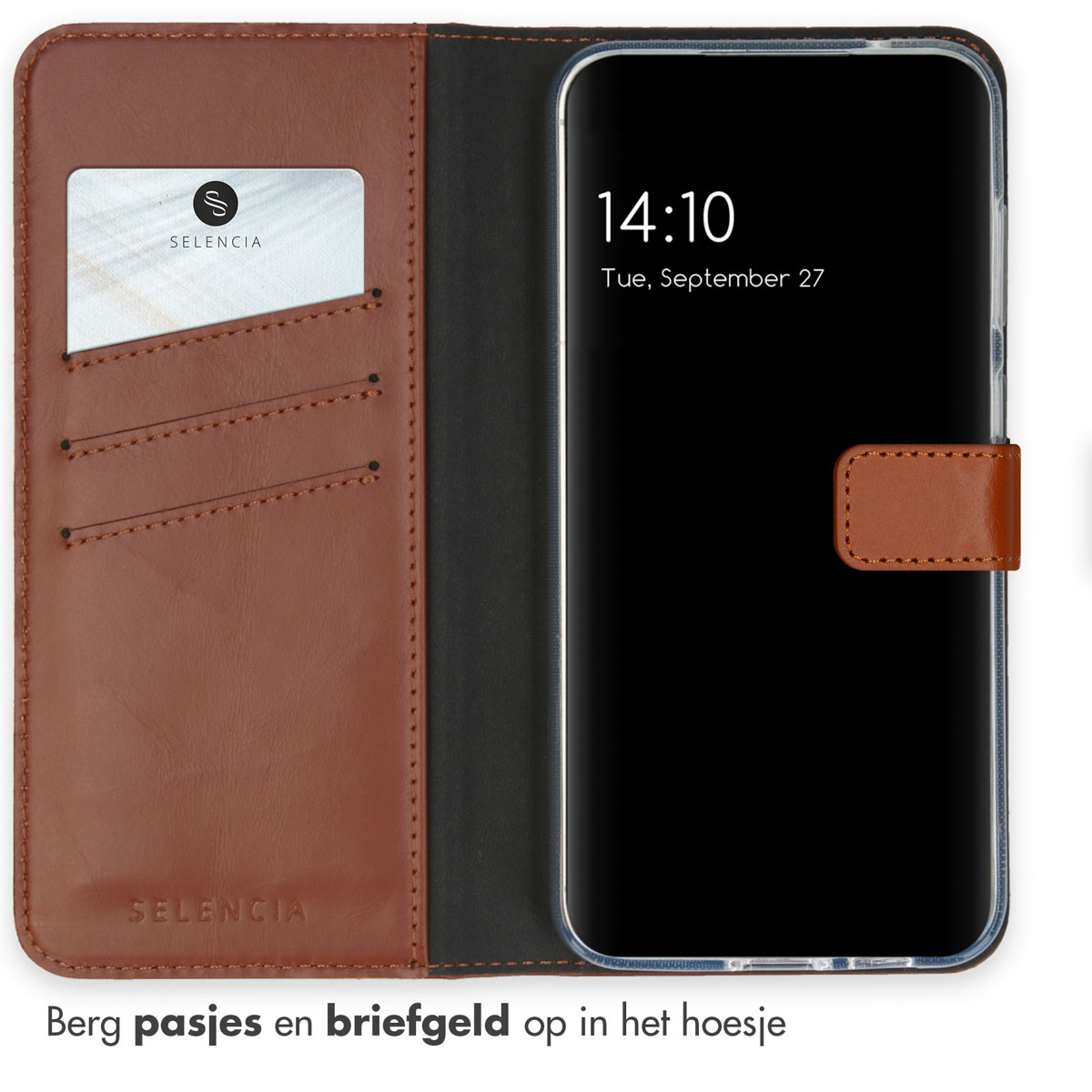 Coque de téléphone marron, avec une carte et de l'argent à l'intérieur. L'écran affiche l'heure et la date.