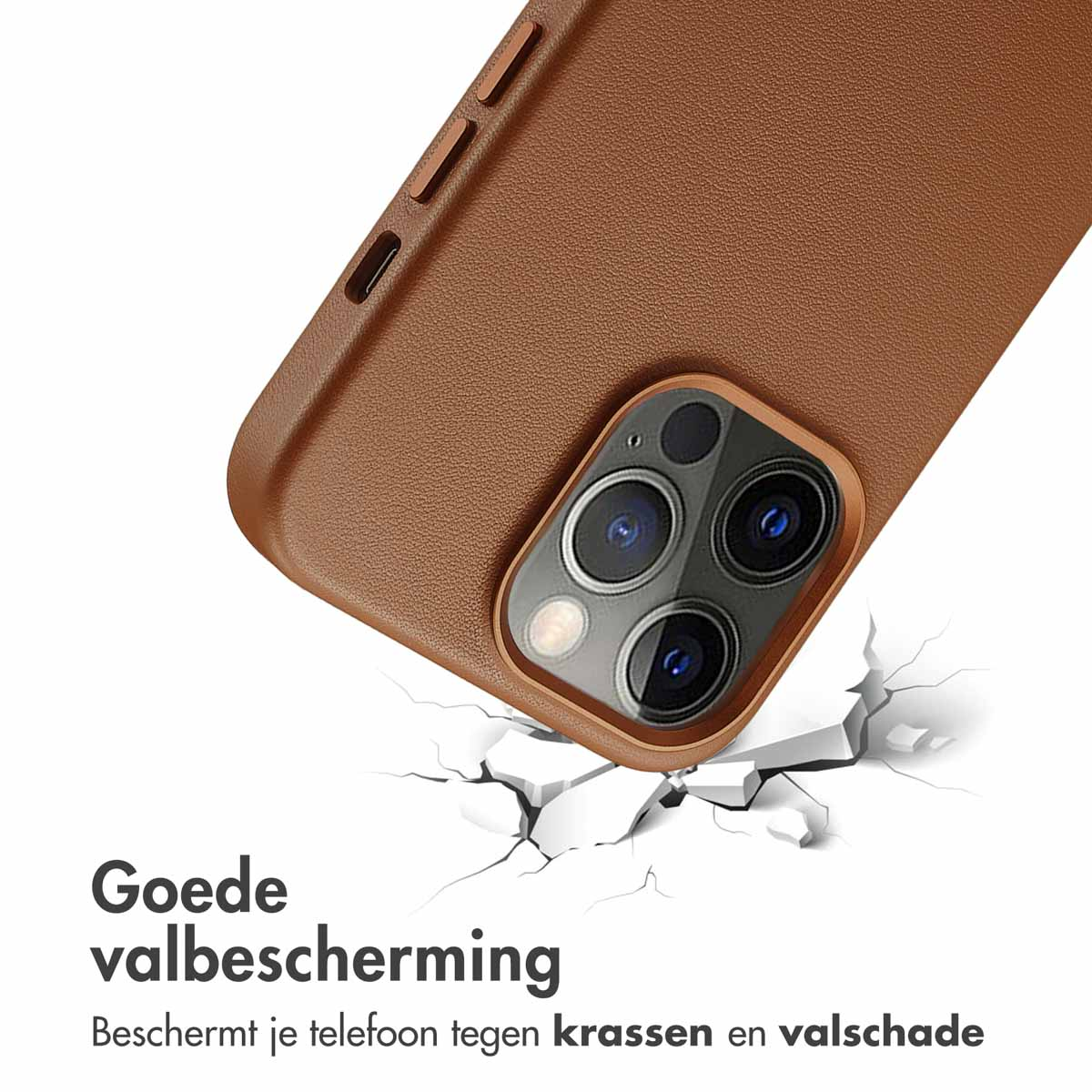 Coque de téléphone marron, téléphone sur une surface brisée, texte sur la protection.