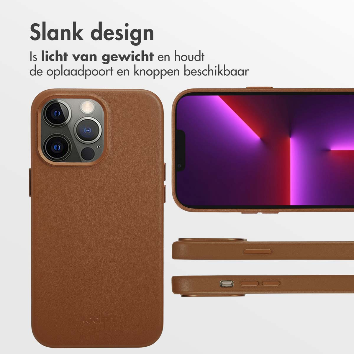 Un étui de téléphone en cuir marron montrant le téléphone et les différents côtés de l'étui.