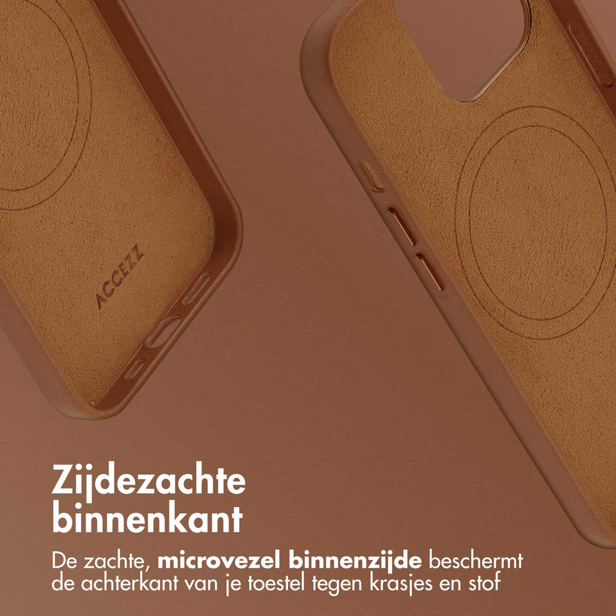 Intérieur d'étui marron, doublure en microfibre douce protège l'arrière du téléphone.