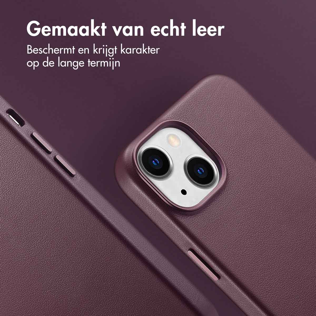 Close-up van een telefoon met een paarse leren hoes. De hoes is gemaakt van echt leer.