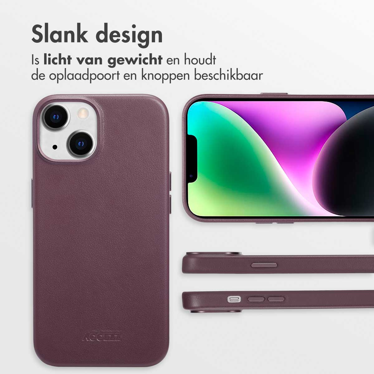 Paarse telefoonhoes, slank ontwerp, met oplaadpoort en knoppen toegankelijk.