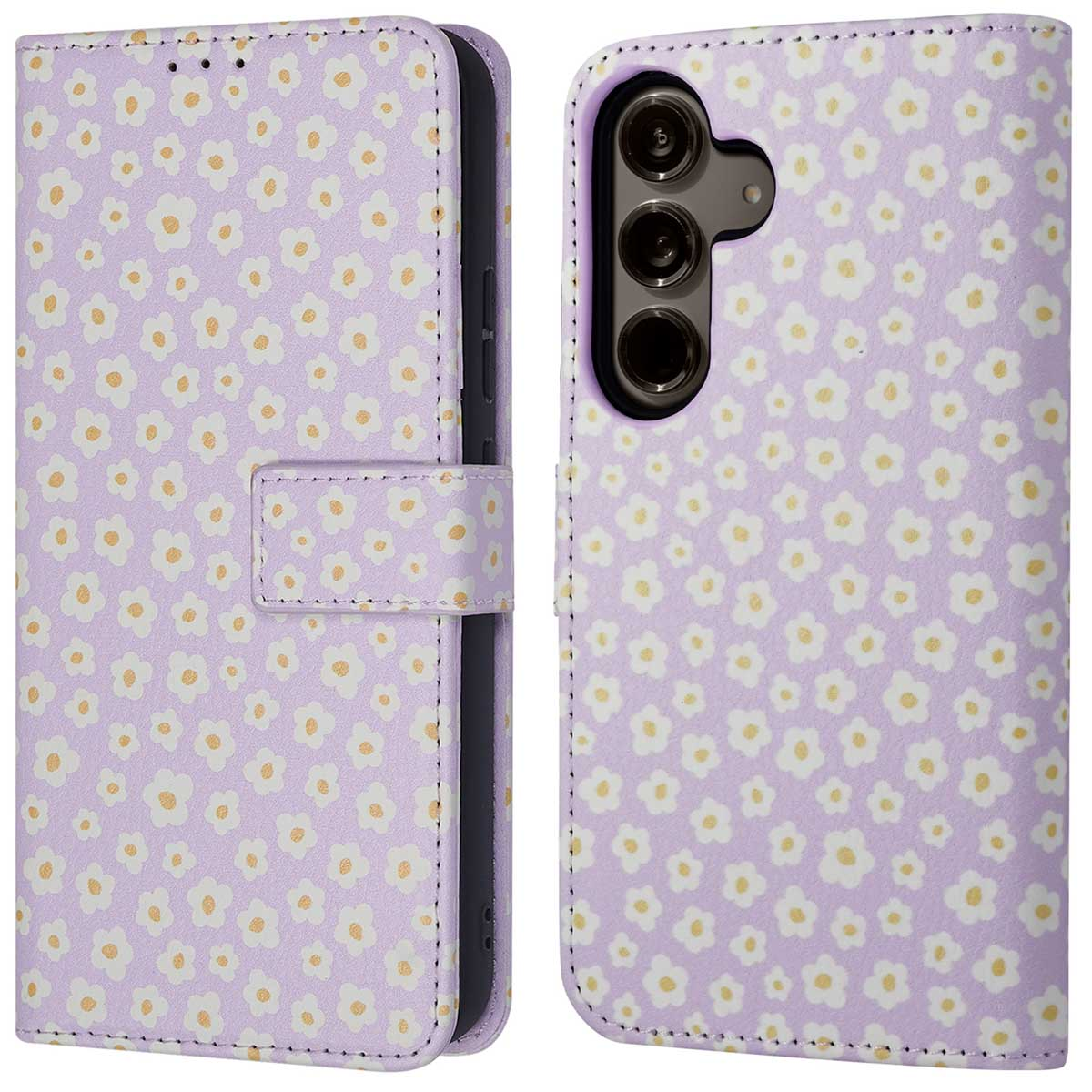 Een bloemen telefoonhoesje open. De hoes is paars met kleine witte en gele bloemen.