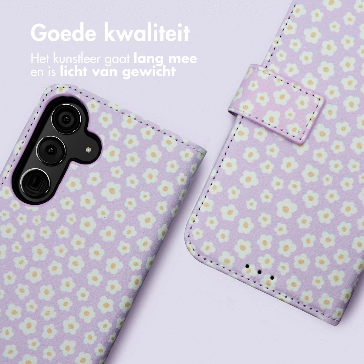 Roze en witte bloemen telefoonhoes met bijpassend patroon.