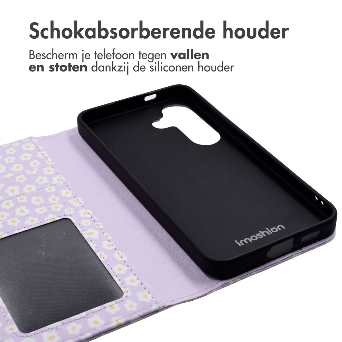 Een open telefoonhoesje met een bloemenontwerp. De telefoon is zwart. De achtergrond is wit.