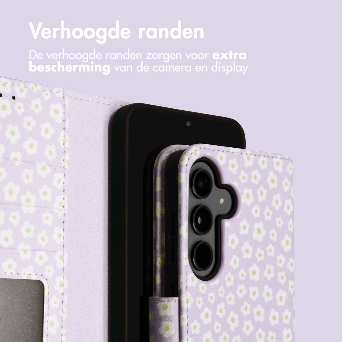 Telefoon in een lavendelkleurige bloemenhoes, met verhoogde randen voor camera en display.