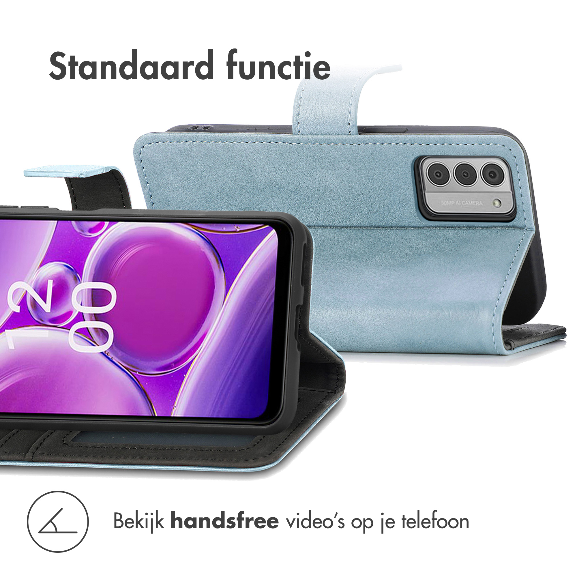 Blauw telefoonhoesje, open en dicht, met telefoon erin. Voor handsfree video kijken.