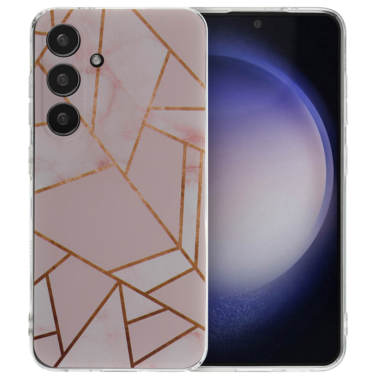Telefoonhoesje. Roze en gouden geometrisch patroon. Telefoon heeft drie camera's.