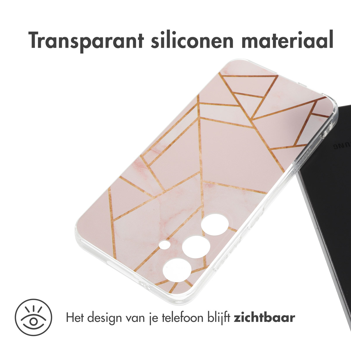 Transparante telefoonhoes met roze en gouden geometrisch design. Telefoonontwerp zichtbaar.