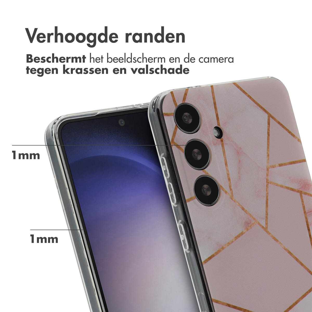 Telefoonhoesje met een roze en goud geometrisch design. De telefoon zit in de hoes.