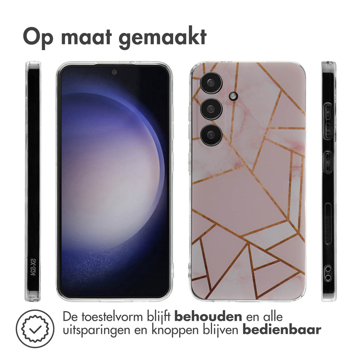 Telefoon in een hoesje met een geometrisch roze en goud design. De telefoon wordt vanuit meerdere hoeken getoond.