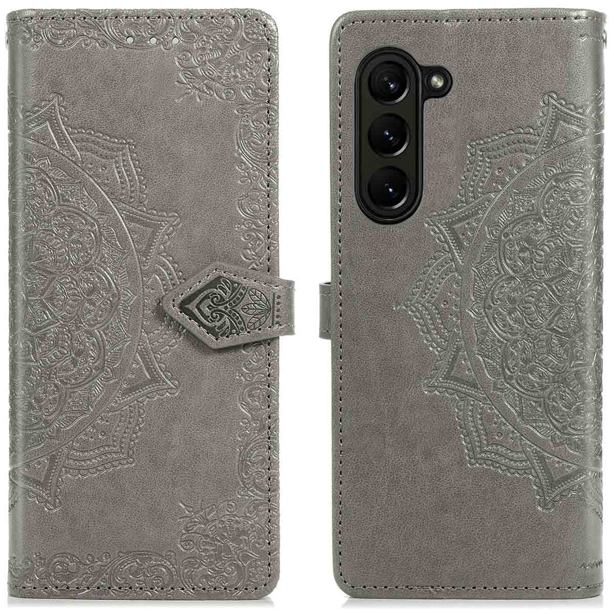 Étui gris avec un motif floral, un bouton sur le côté.
