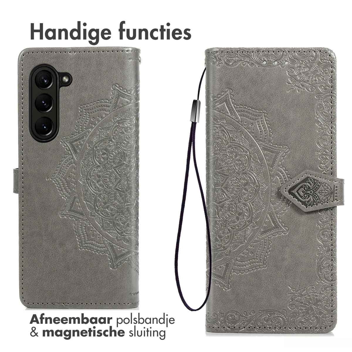 Étui de téléphone gris, avec un motif de mandala. Il a une dragonne amovible et une fermeture magnétique.