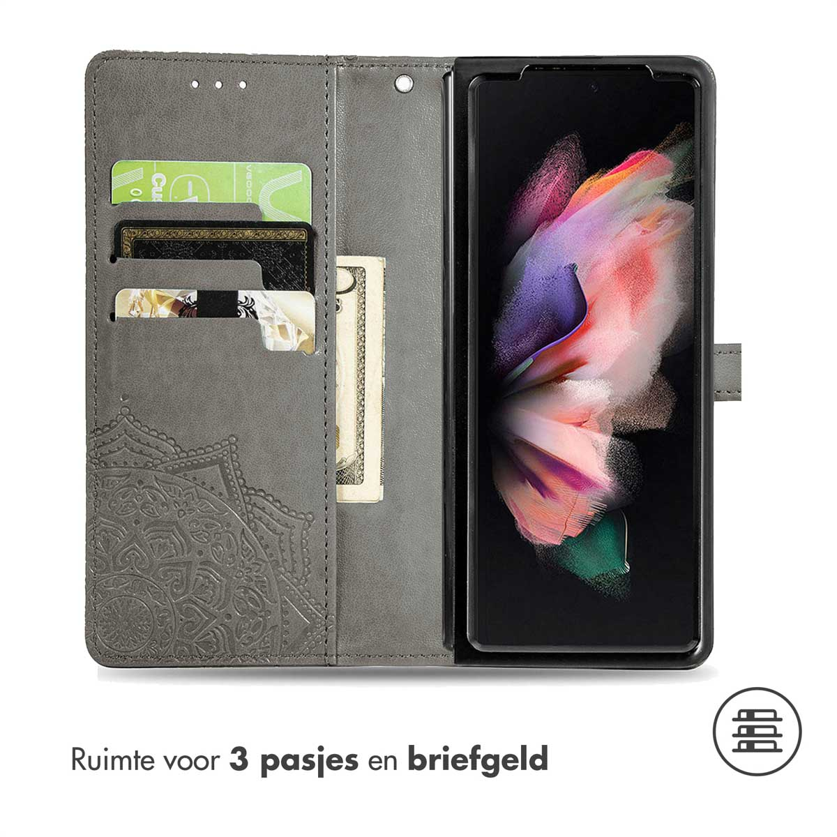Coque de téléphone grise, ouverte, avec emplacements pour cartes et argent, et écran.