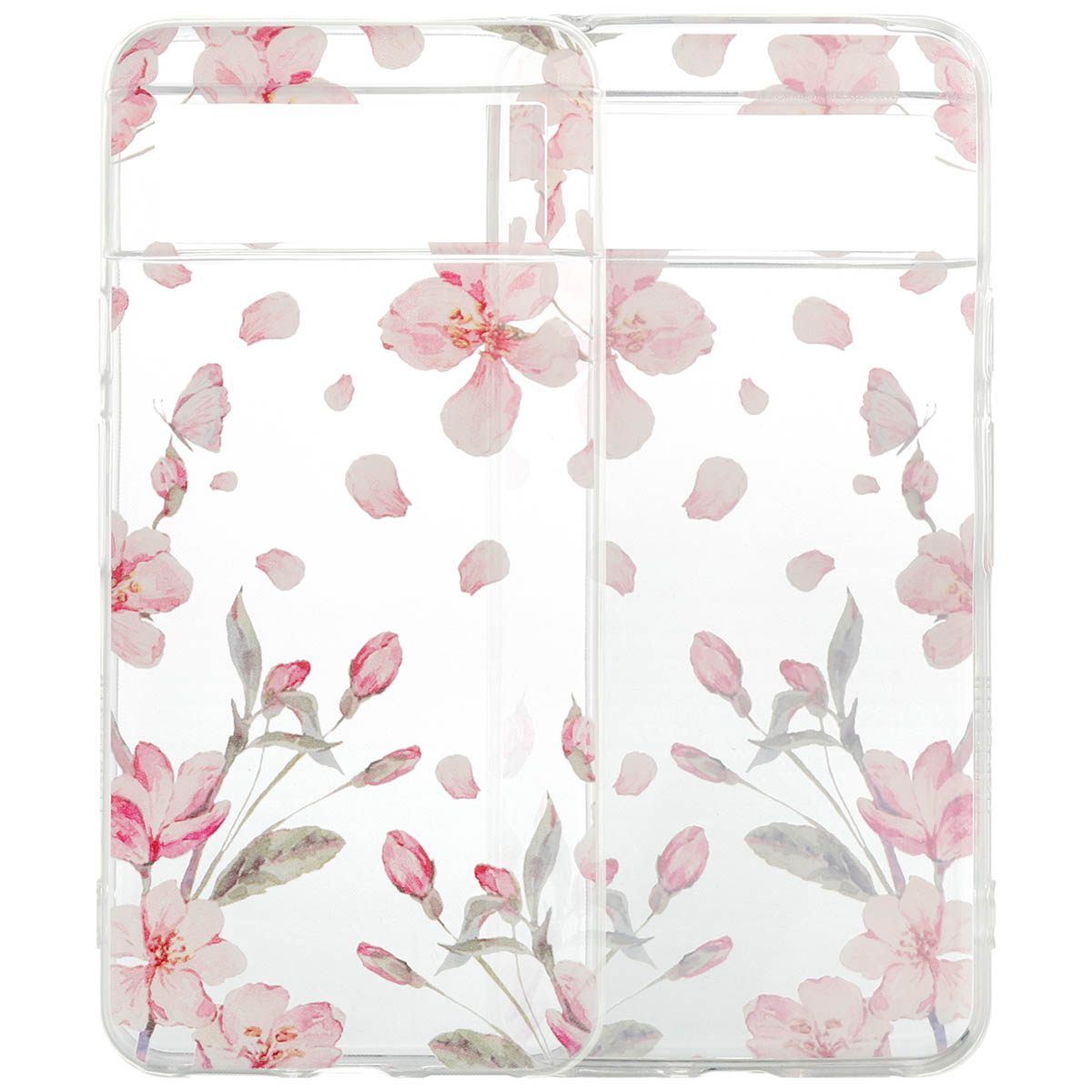 Transparente Hülle mit floralem Design, mit rosa Blumen und Schmetterlingen.