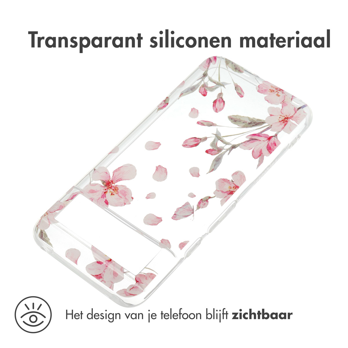 Transparente Handyhülle mit rosa Blumenmuster. Das Telefon ist darin, das Design ist sichtbar.