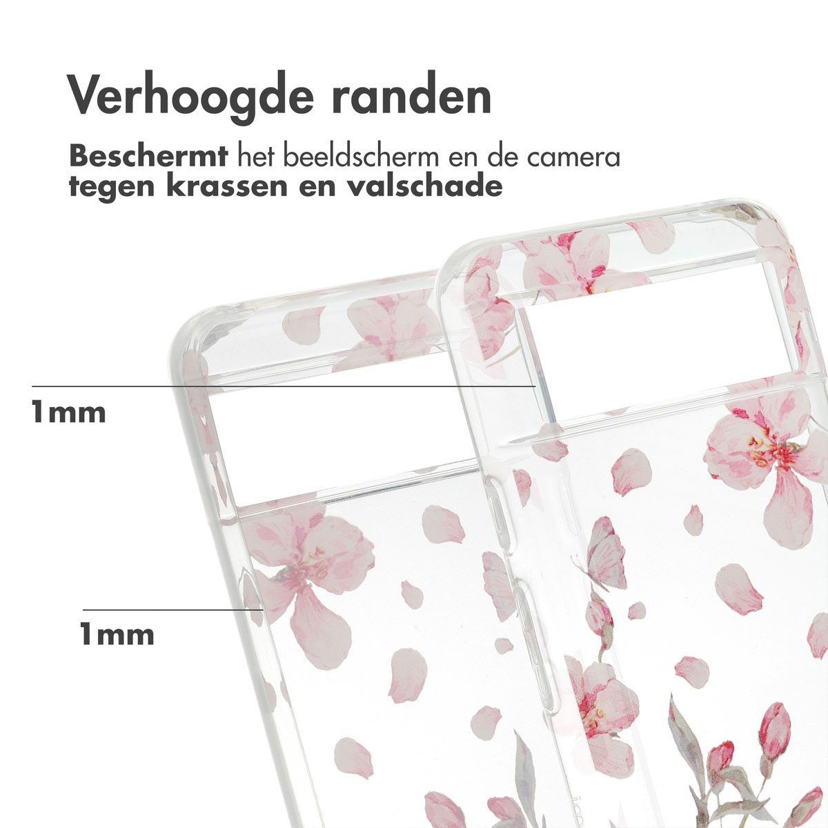 Nahaufnahme von Handyhüllen. Klare Hülle mit rosa Blumendesign. Beide haben erhöhte Ränder.