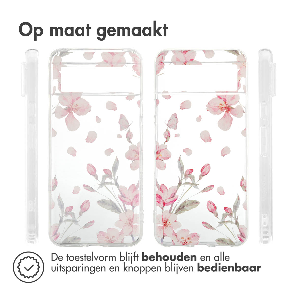 Transparente Handyhülle mit rosa Blumendesign. Telefon durch die Hülle sichtbar.