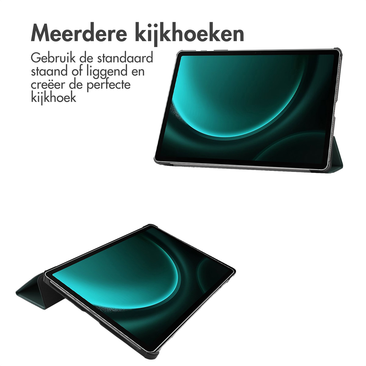 Twee tabletweergaven. Tablet in een hoes. Groen scherm. Tekst: Meerdere kijkhoeken.
