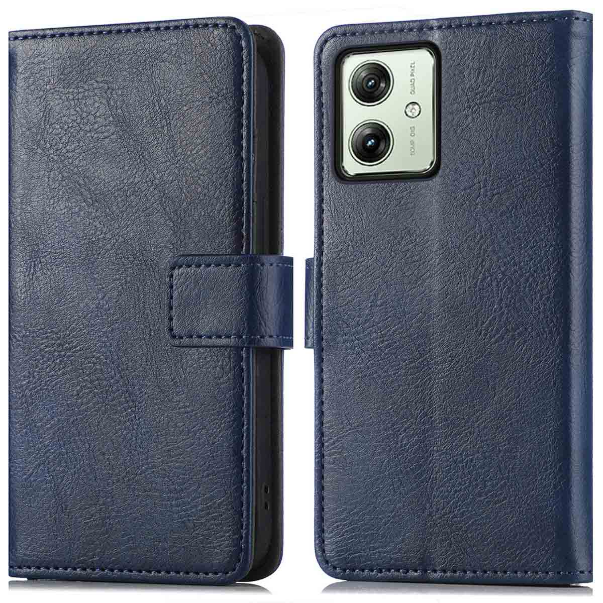 Custodia blu chiusa, con chiusura magnetica e configurazione doppia fotocamera.