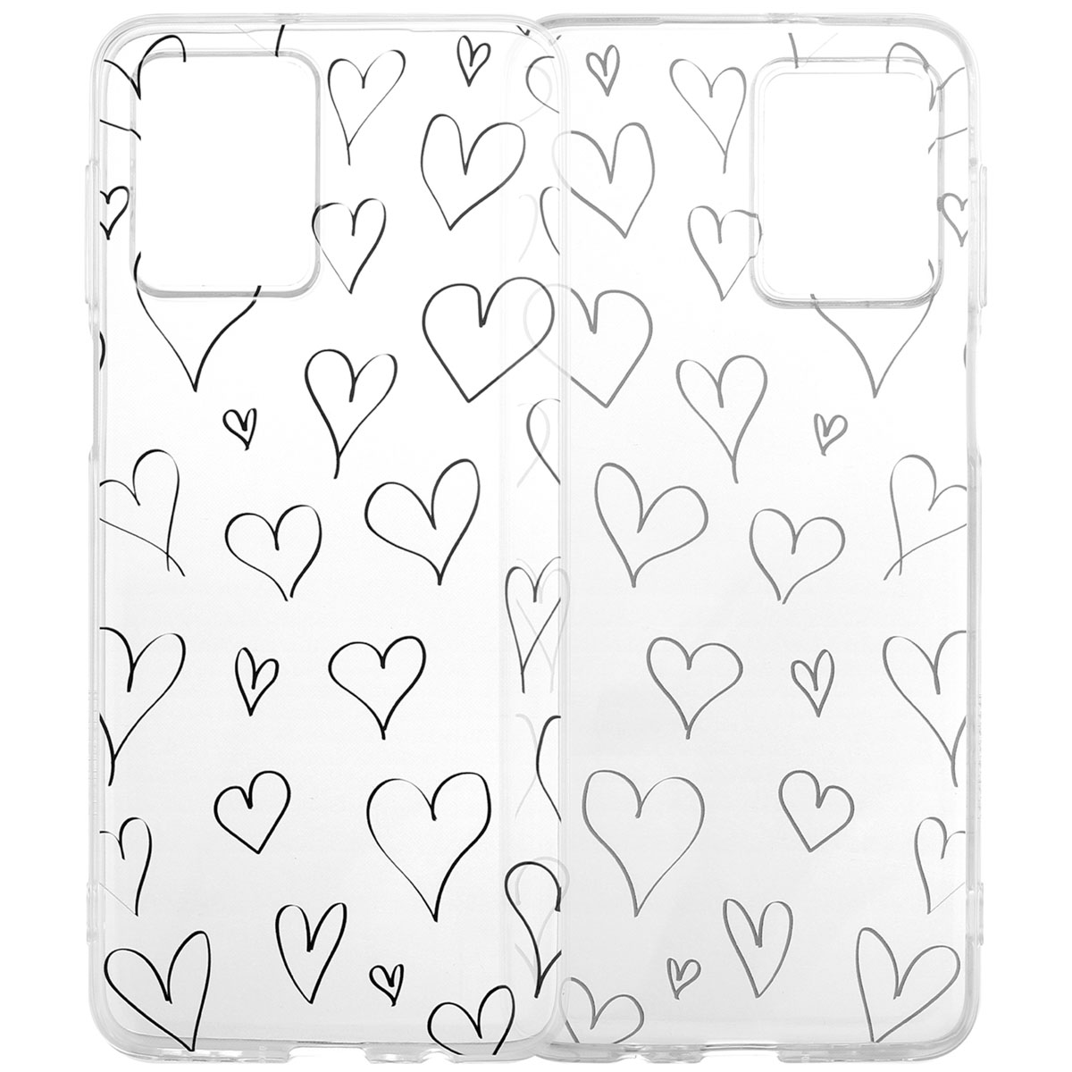 Transparante telefoonhoesjes met zwart omrande harten verspreid over het oppervlak.