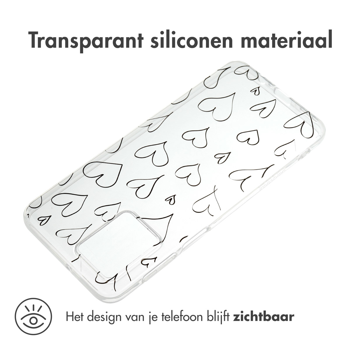 Transparante telefoonhoes met witte hartjes. Tekst: Transparant siliconen materiaal.