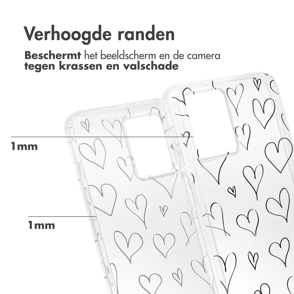 Transparante telefoonhoesjes met witte hartjeskrabbels en tekst over verhoogde randen.