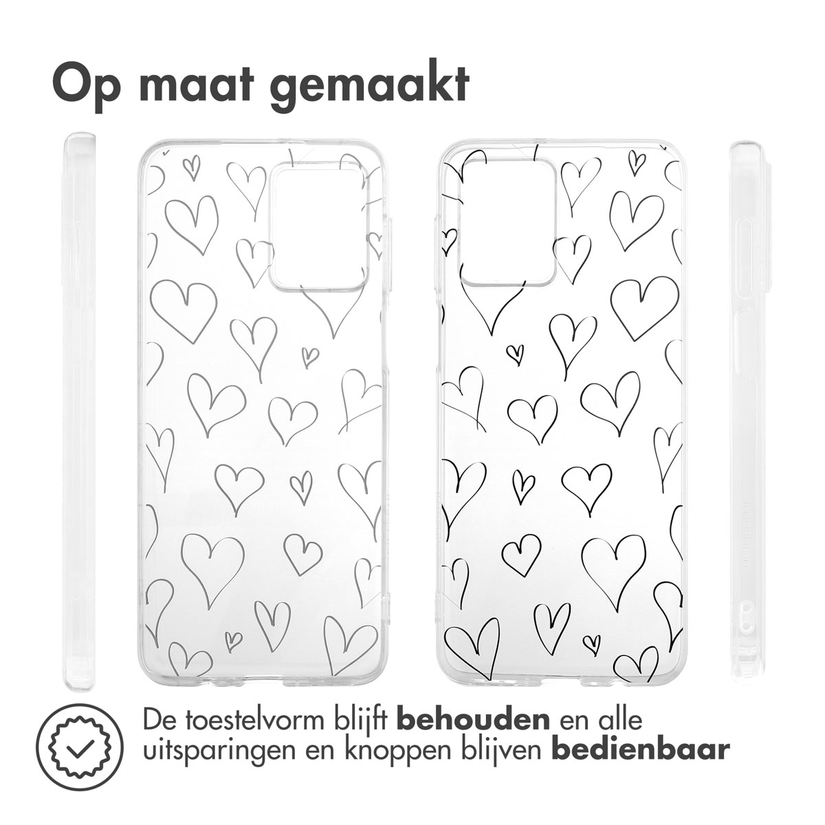 Transparante telefoonhoesjes met witte hartomtrekken. De telefoon zichtbaar.