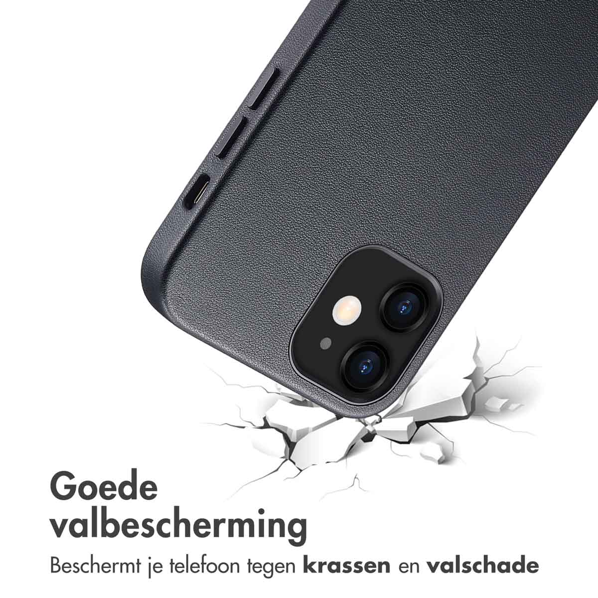 Custodia per telefono nera e telefono, che mostra protezione. Linee bianche che indicano crepe sul terreno.