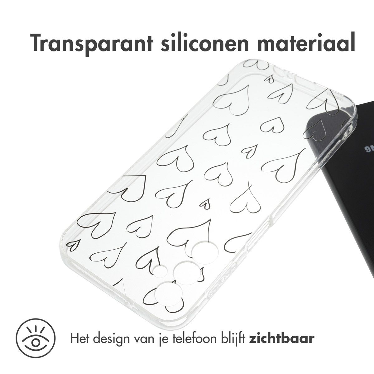 Transparant telefoonhoesje met zwarte hartcontouren, op een telefoon; tekst zegt dat het ontwerp zichtbaar blijft.