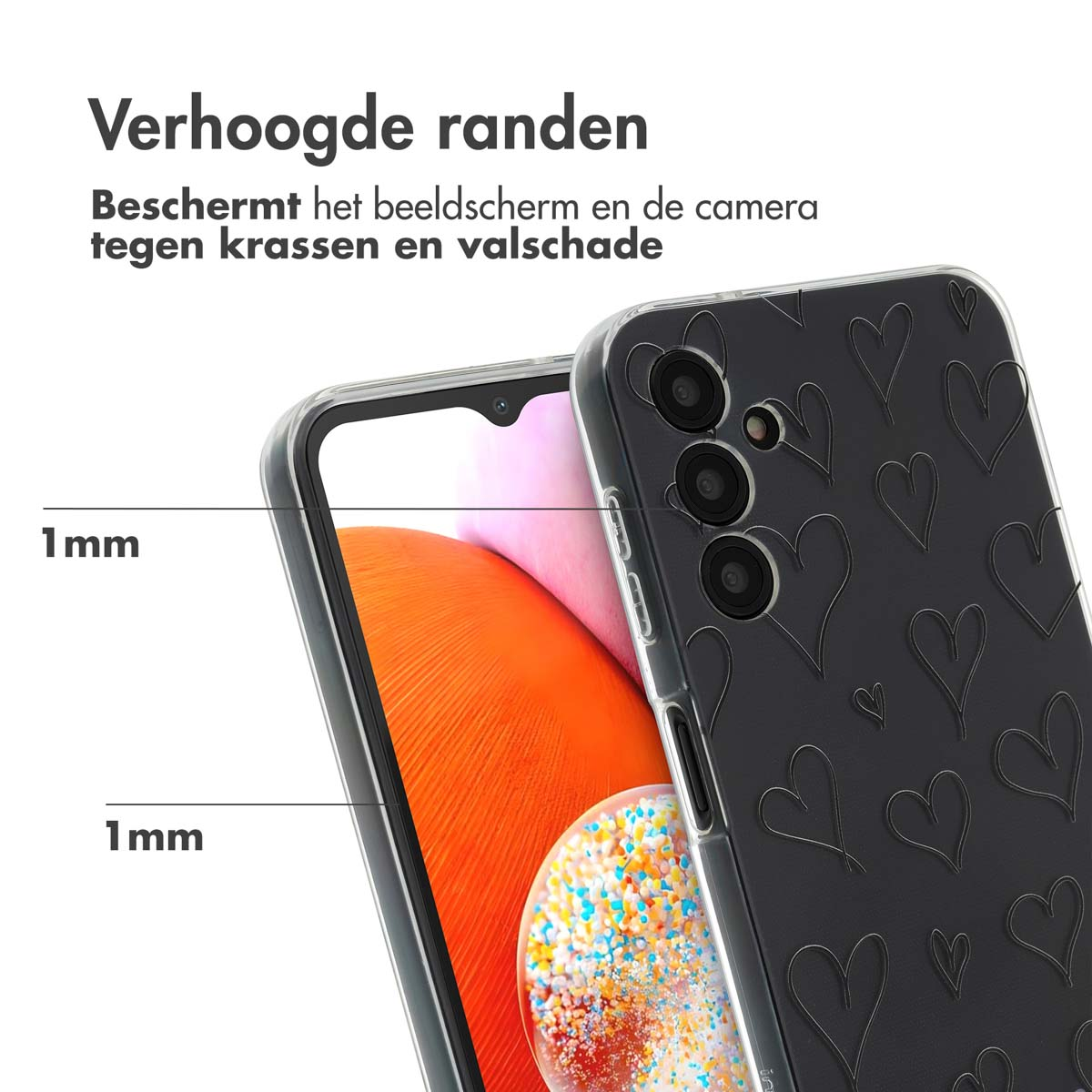 Telefoon in een hoesje met hartjes, met verhoogde randen rond het scherm.