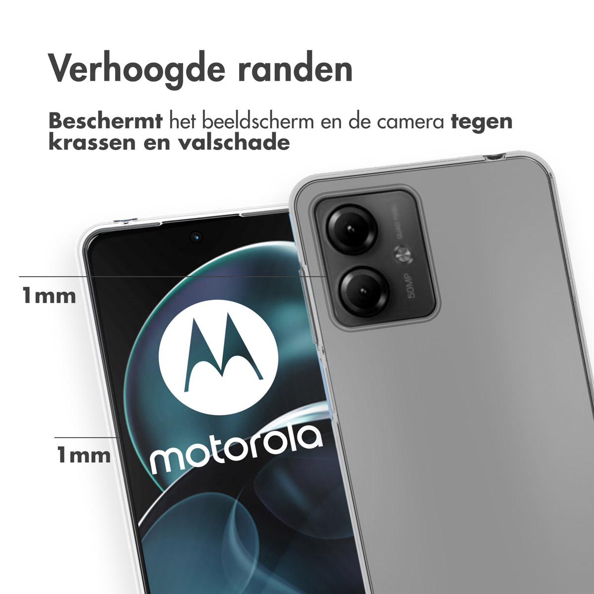 Custodia per telefono che mostra la protezione attorno allo schermo e alla fotocamera, con il logo Motorola.