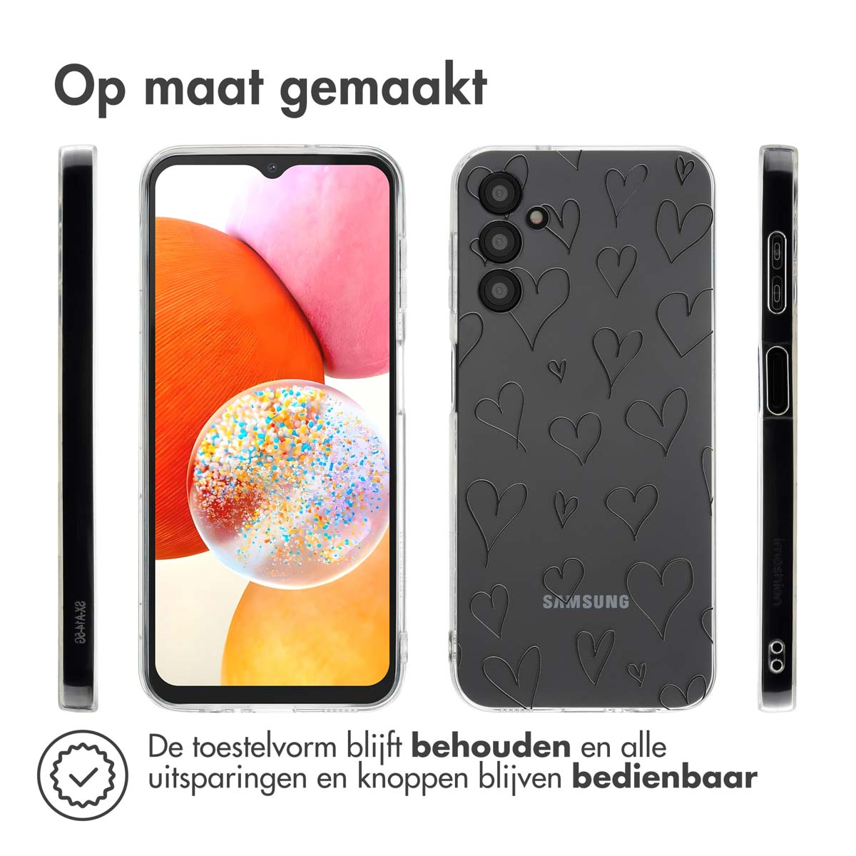 Telefoonhoesje met zwarte harten op transparante achtergrond. Drie aanzichten.