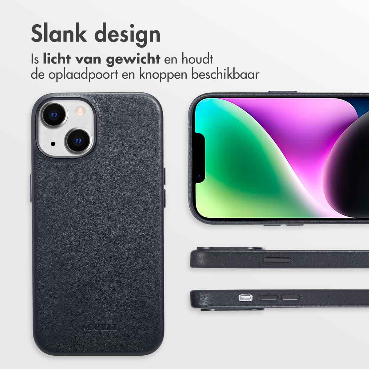 Donkerblauwe telefoonhoes met een telefoon en scherm, met een strak design en de poorten van de telefoon.