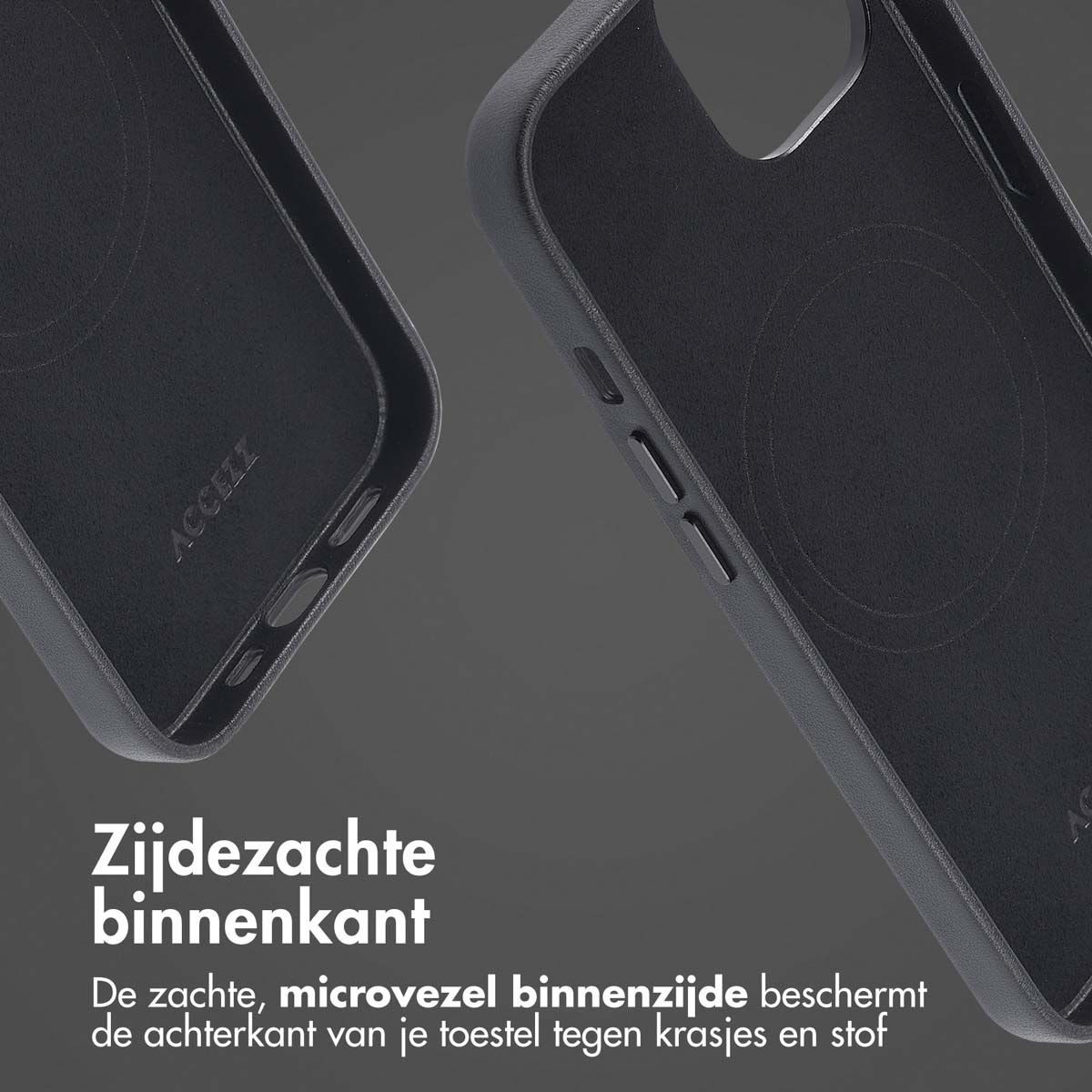 Close-up van de binnenkant van een zwarte telefoonhoes. Het is gemaakt van zachte microvezel.