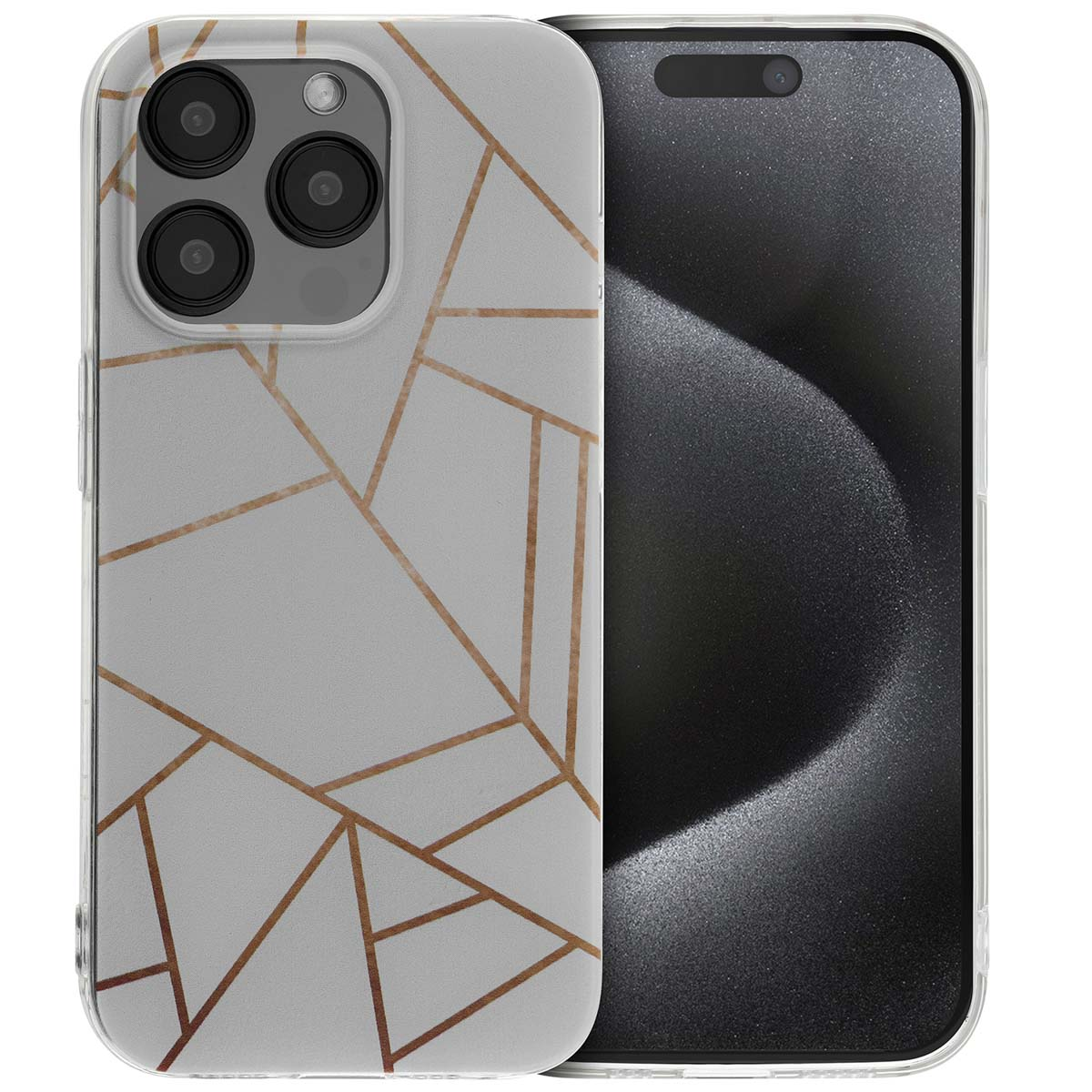 Een telefoon met een doorzichtige hoes. De hoes heeft een geometrisch gouden ontwerp.