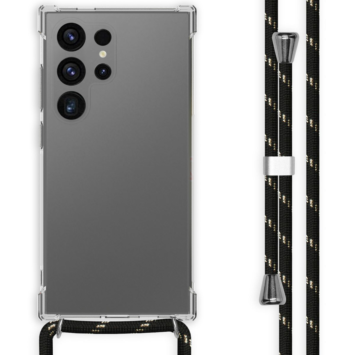 Een telefoonhoesje met een zwarte en gouden telefoonriem. De telefoon is transparant met meerdere camera's.