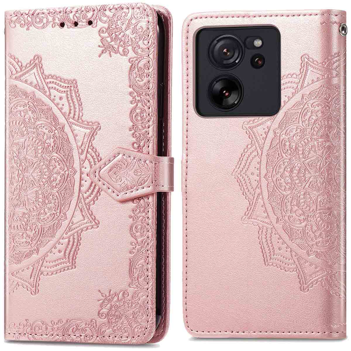 Roze telefoonhoesje. Mandala-ontwerp. Hoes opent om telefoon te onthullen. Knopsluiting.