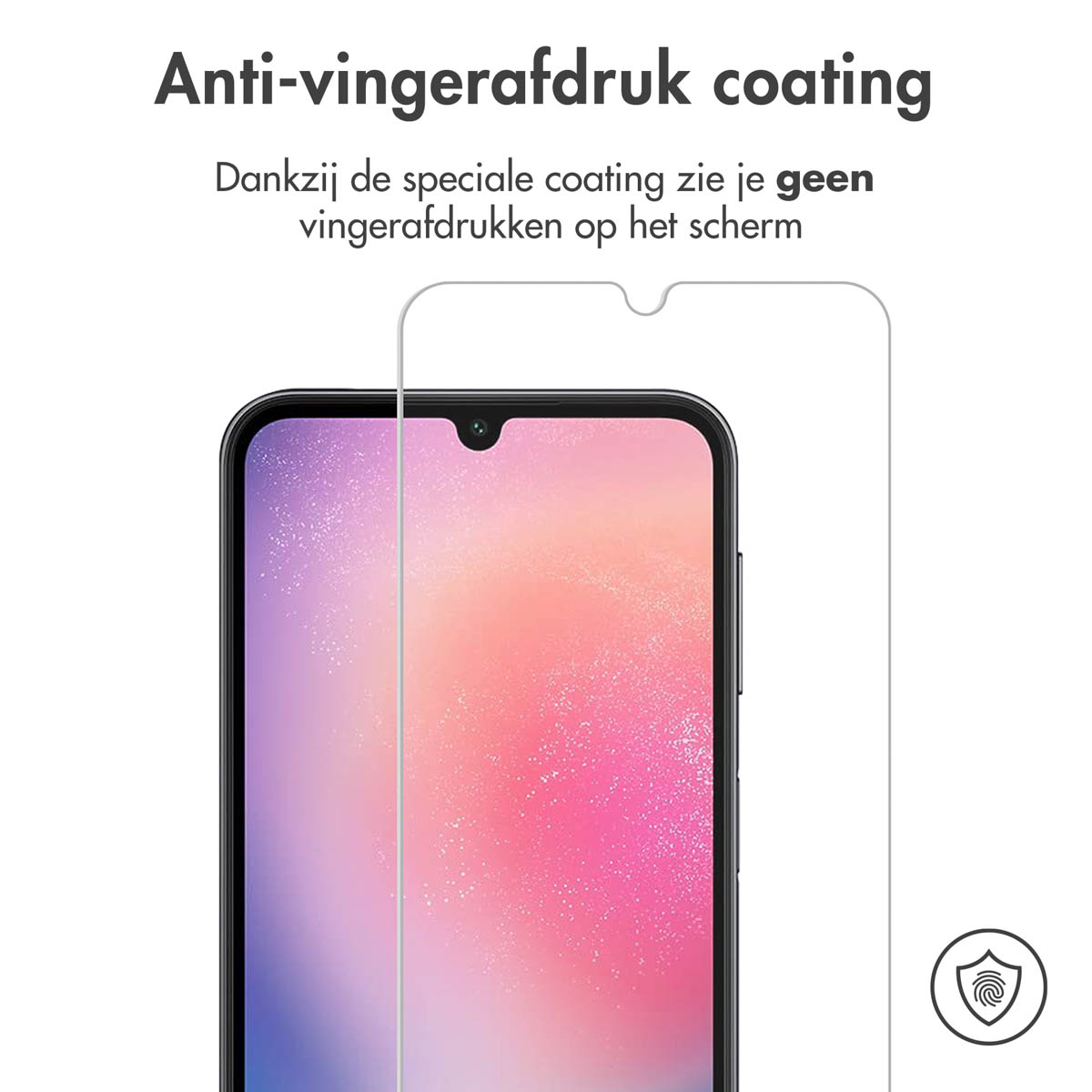 Schermbeschermer op telefoonscherm. Tekst benadrukt anti-vingerafdruk coating en helderheid.