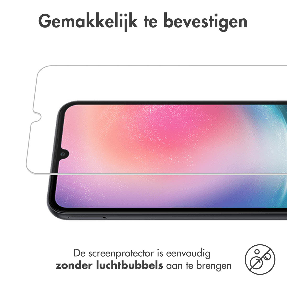 Schermbeschermer die op een telefoon wordt aangebracht. Een schermbeschermer bevindt zich boven de telefoon.