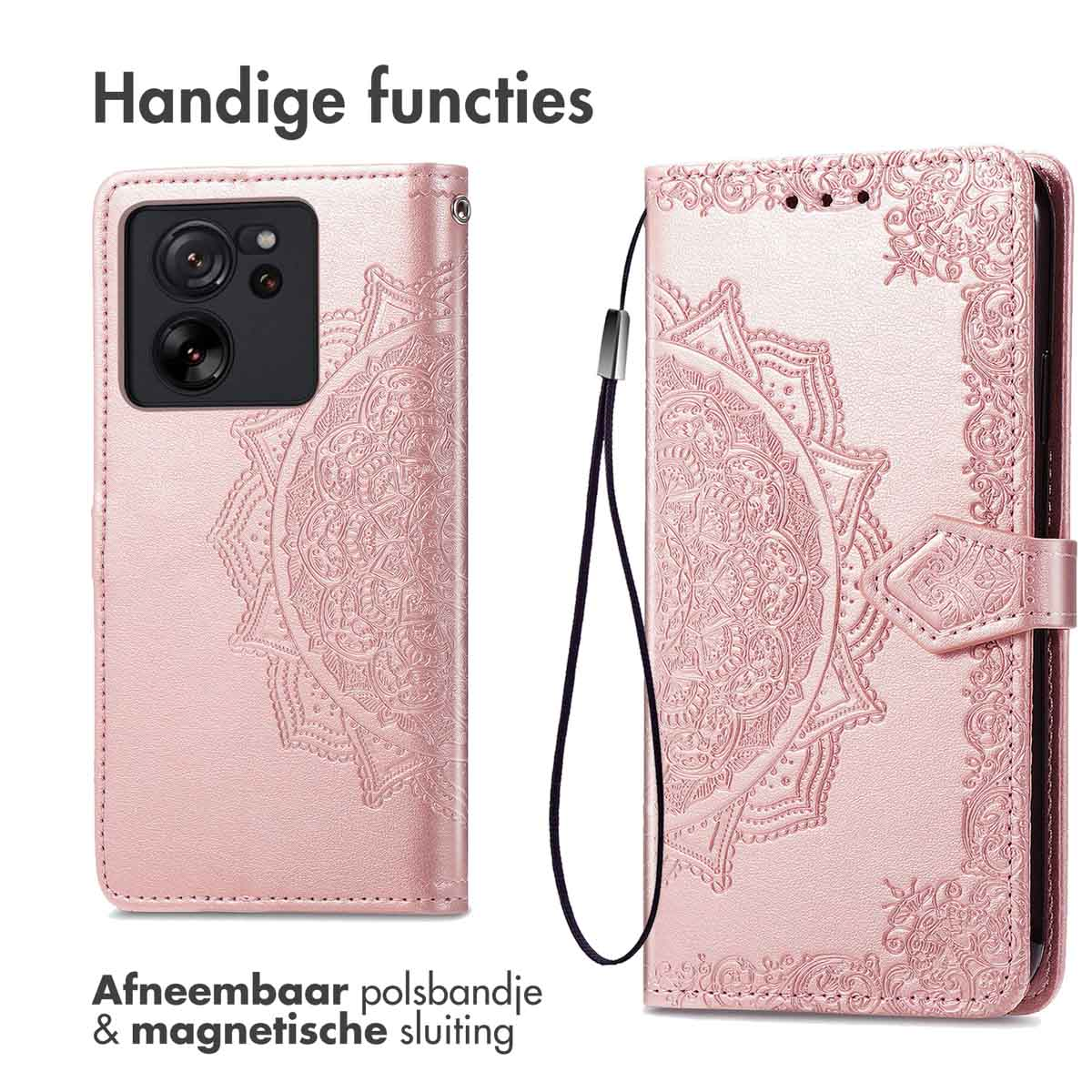 Roze telefoonhoes met bloemenontwerp en een afneembare polsband.