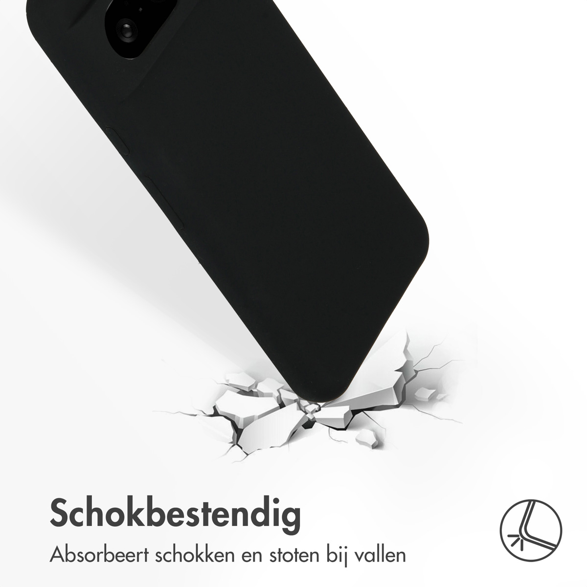 Un étui de téléphone noir tombe sur une surface et la fissure. L'étui noir absorbe les chocs.