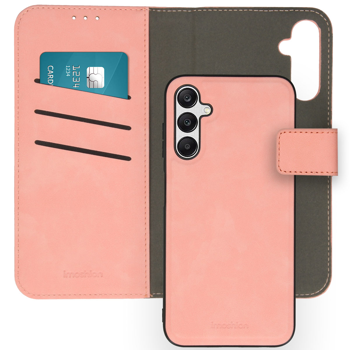 Roze telefoonhoes, open, met kaartsleuven en telefoon erin. Gemaakt van leerachtig materiaal.