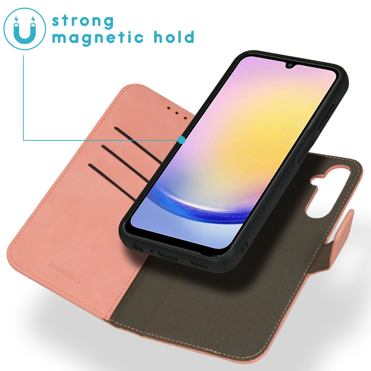 Roze telefoonhoesje met telefoon erin, scherm zichtbaar, icoon voor magnetische sluiting.