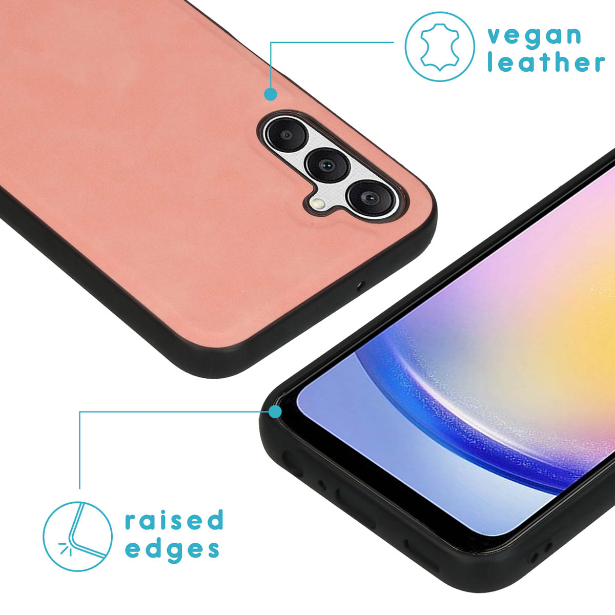 Close-up van een telefoonhoesje met een telefoon erin. De hoes is roze en er is een verhoogde rand.