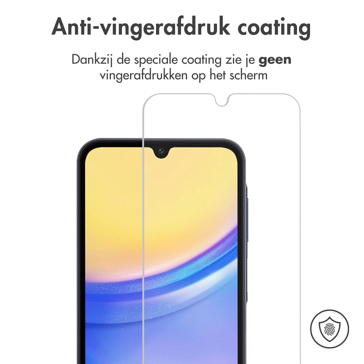 Schermbeschermer op telefoonscherm. Tekst benadrukt anti-vingerafdruk coating en helderheid.