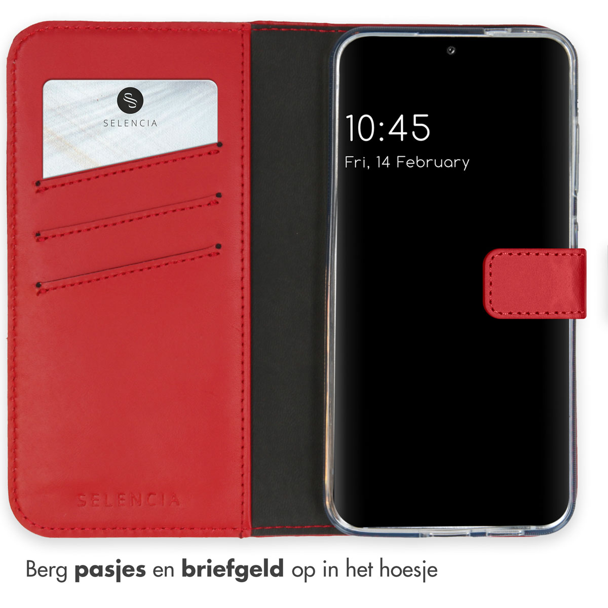Rood leren telefoonhoesje, open. Toont kaarten en telefoon met tijd 10:45.