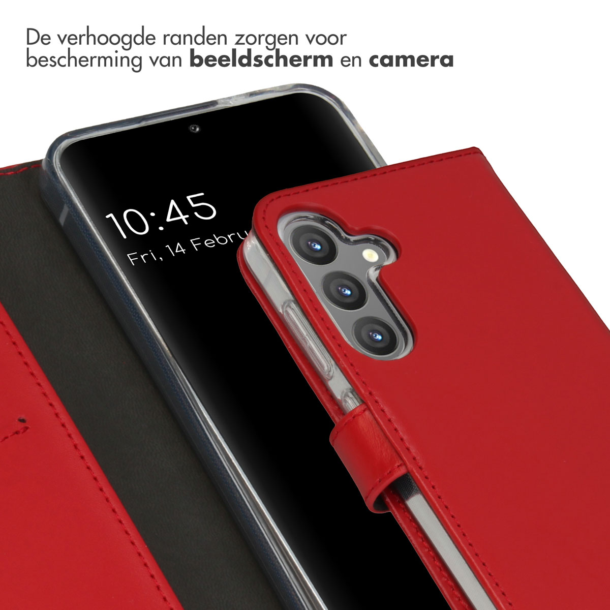 Rode telefoonhoes met een telefoon erin, met het scherm en de camera-opstelling.