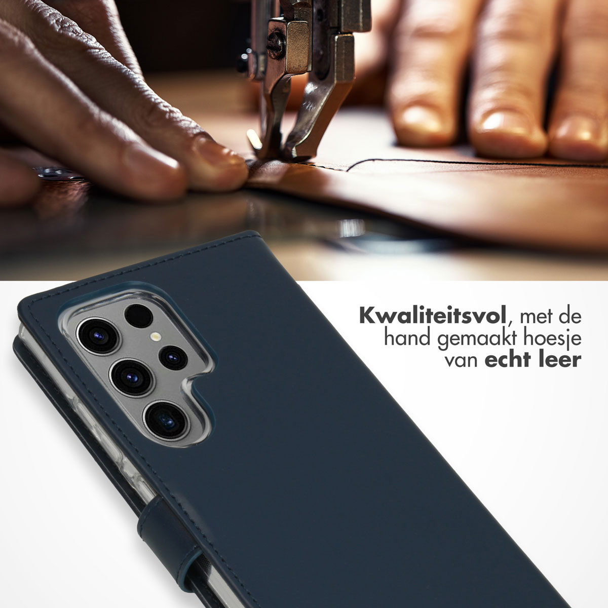 Mani che cuciono la pelle con una macchina da cucire. La custodia del telefono è blu e realizzata in vera pelle.