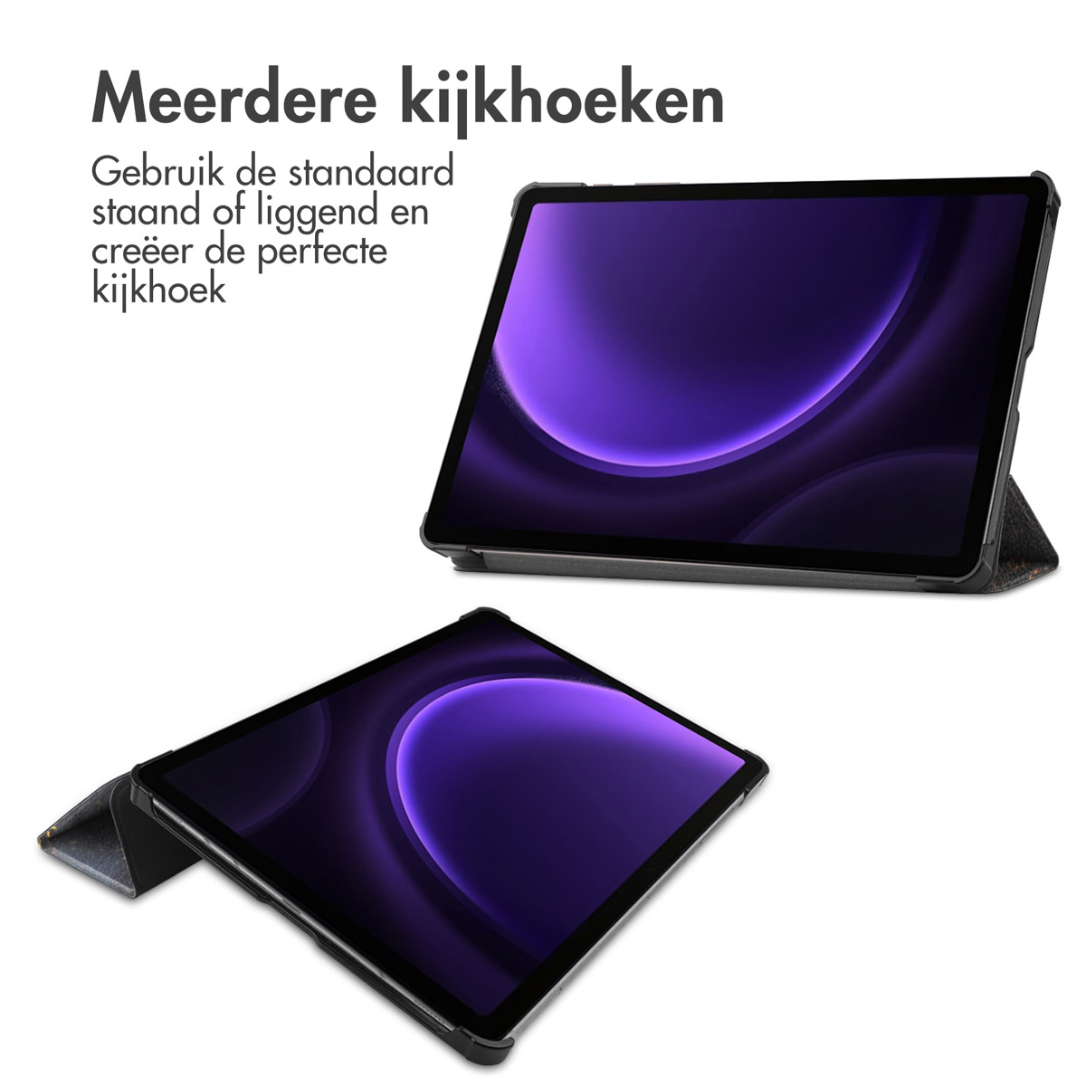 Tablethoesje open. Twee tablets in verschillende hoeken. De schermen hebben een paars design.